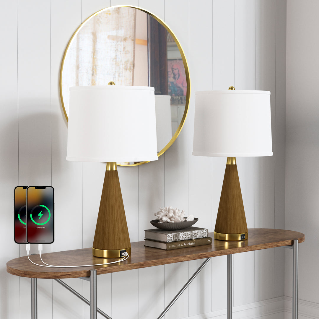 24.5'' Dimmable Wood Grain Metal Table Lamp With Usb Port (Set of 2) #T244