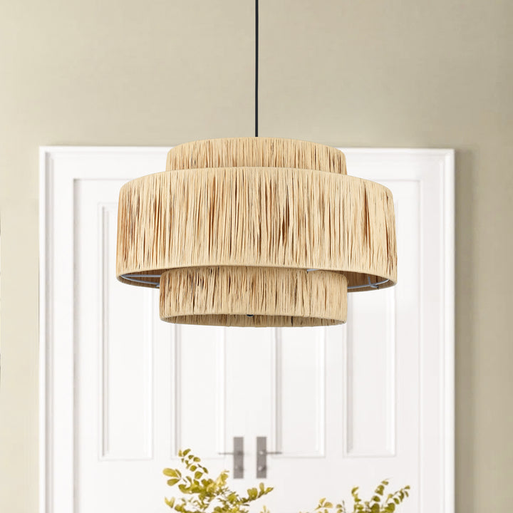 Maxax 3 - Light Dimmable Drum Chandelier Natural Paper Rope Hanging Pendant Light 3-Tiered #MX5001