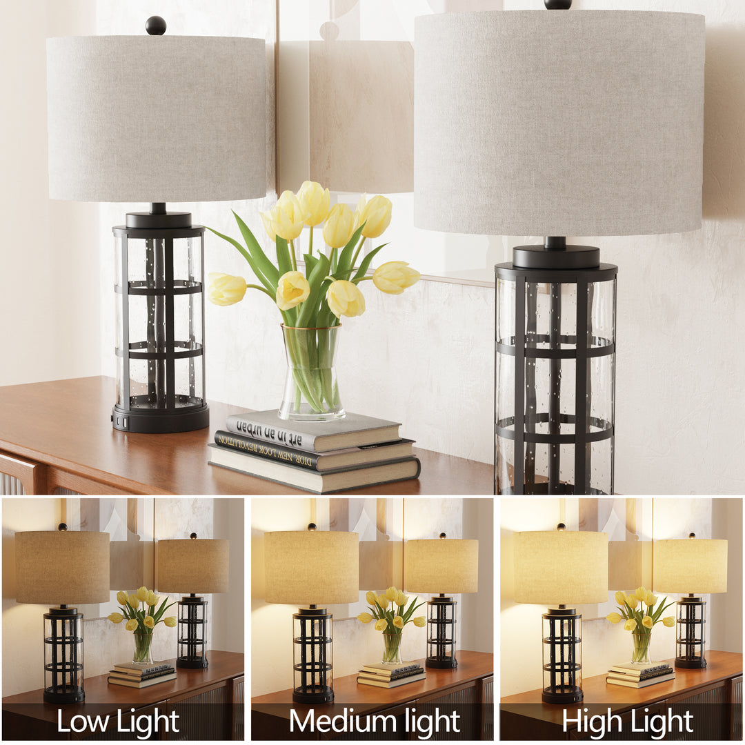 Maxax 25'' Glass Table Lamp Set of 2, Traditional Black Lamp sets with USB Port & Type C for Living Room Bedroom #T167