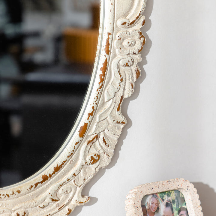 26 in. W x 34 in. H Antiqued White Baroque Oval Framed Wall Bathroom Vanity Mirror #25011