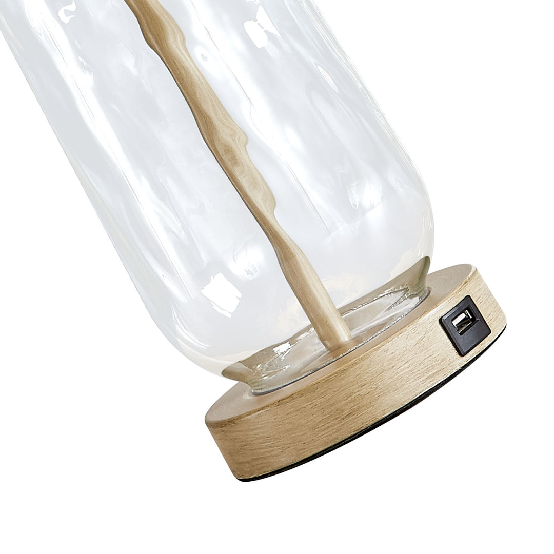 24 in. Brown Modern/Bohemian/Farmhouse Dimmable Glass Wood Metal For Bedroom Living Room Bedside Desk Nightstand Table Lamp With White Linen Drum Shape And USB Prot (Set of 2)