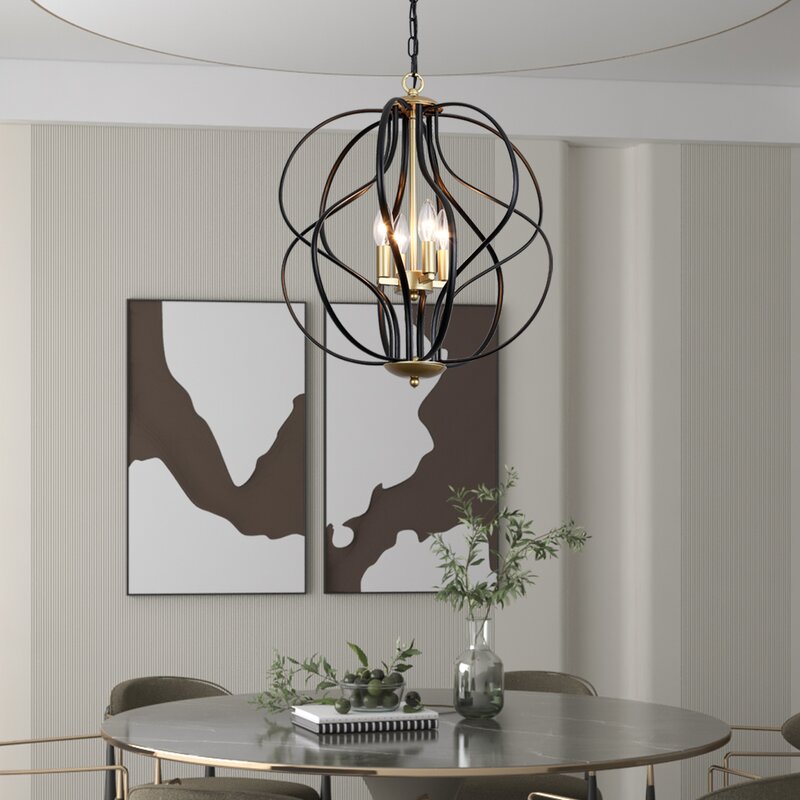 Maxax 4-Light Lantern&Candle Style Globe&Geometric Black&Gold Chandelier With Wrought Iron Accents 