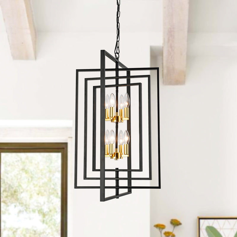Maxax 8-Light Lantern&Candle Style Geometric Black&Gold Chandelier With Wrought Iron Accents 
