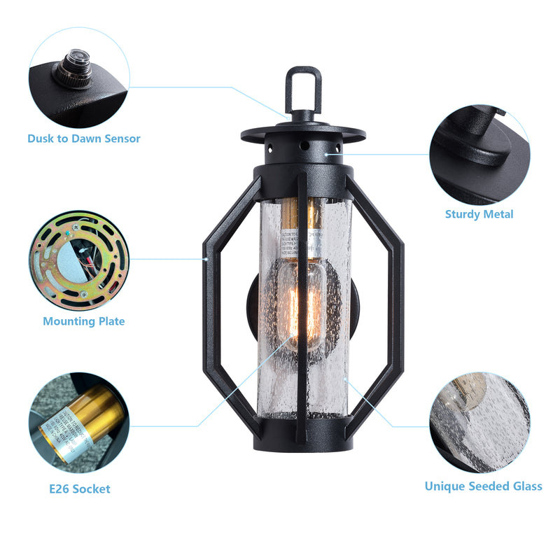 Maxax 2 PACK Black Seeded Glass Outdoor Wall Lantern with Dusk to Dawn 