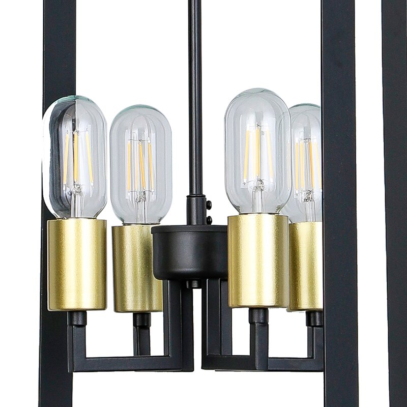 Maxax 4-Light Lantern&Candle Style Geometric Black&Gold Chandelier With Wrought Iron Accents 