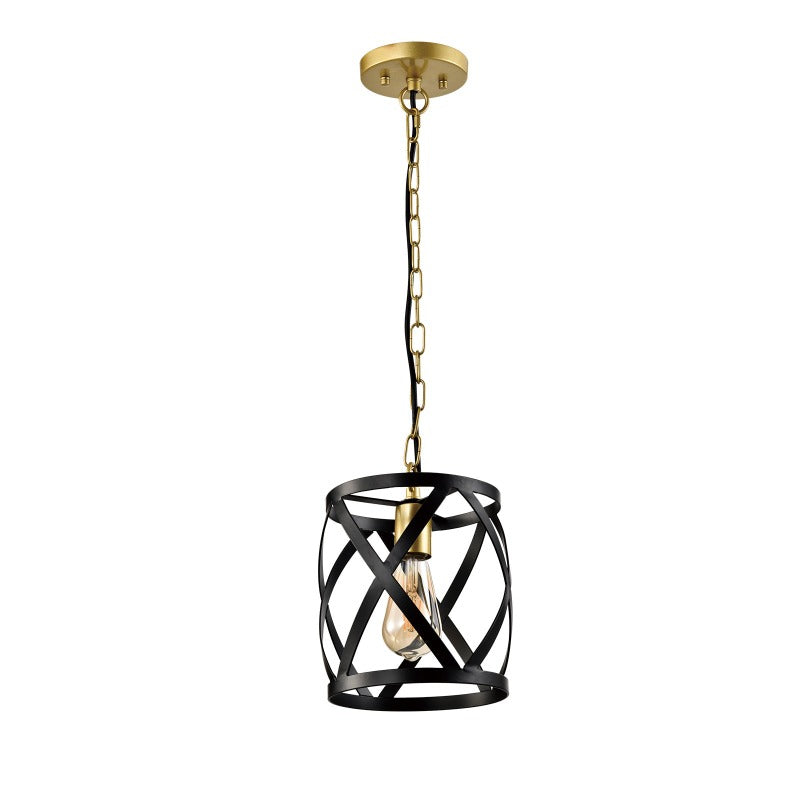 Maxax 1 - Light Shaded Drum / Cylinder Black / Gold Pendant With Wrought Iron 