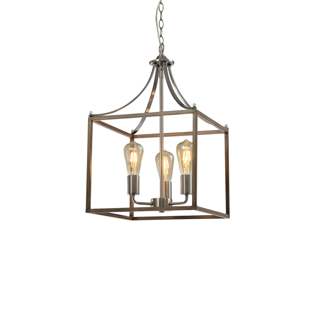 Maxax 3 - Light Lartern Square / Rectangle Wood / Sand Nickel Pendant With Wrought Iron #MX21031-3WD