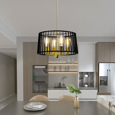 MAXAX 4 - Light Lantern&Candle Style Drum Black/Gold Pendant With Wrought Iron Accents#MX2034-P4BG