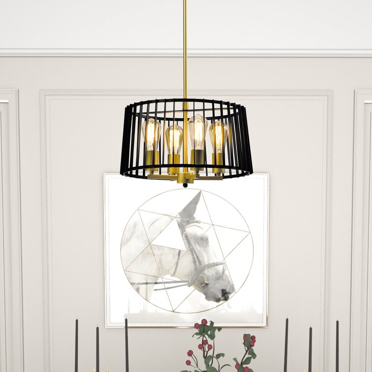MAXAX 4 - Light Lantern&Candle Style Drum Black/Gold Pendant With Wrought Iron Accents#MX2034-P4BG